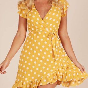 Showpo Laugh It Off Wrap Flowy Dress in Yellow White Polka Dot Flutter Sleeve